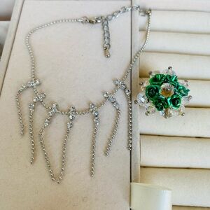 Silver Bracelet and Green Ring Set